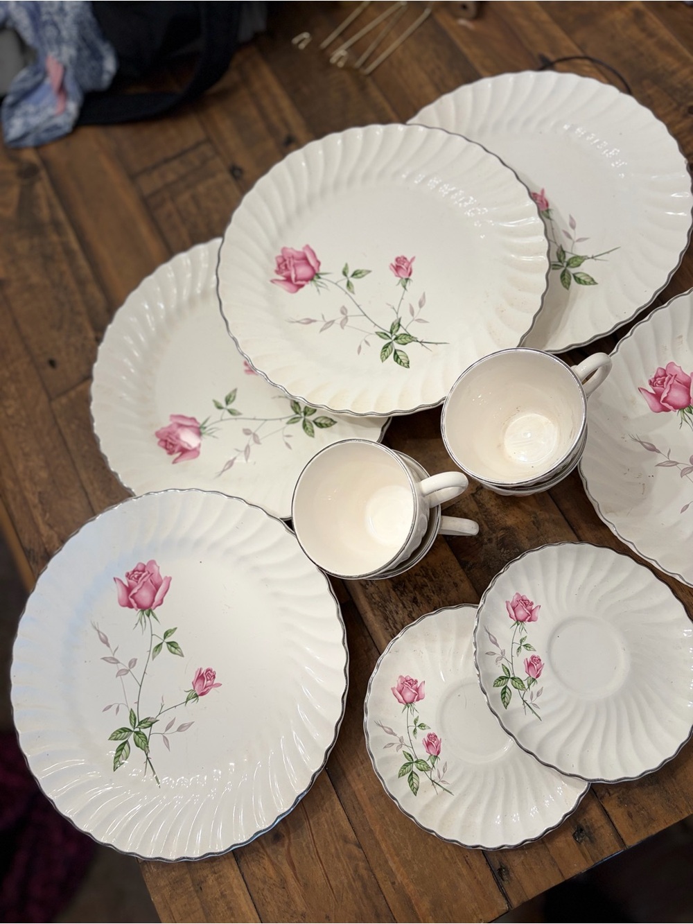 Vintage Scio Dorset Pink Rose Stem 13 Piece Dinnerware China Set Scalloped Edge